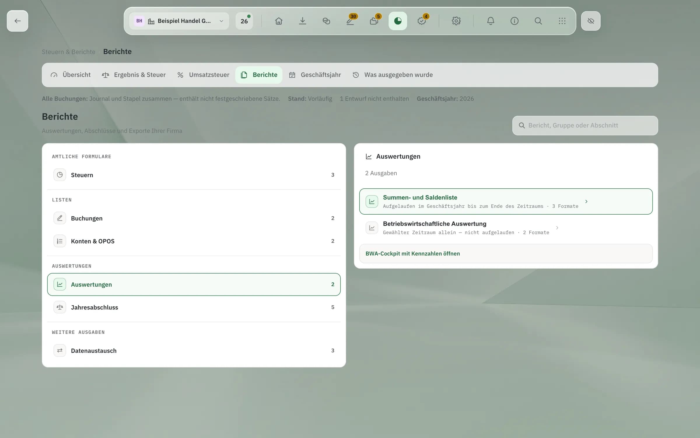 Berichte mit Gruppen für amtliche Formulare, Listen, Auswertungen und Datenaustausch — Erscheinung „Hell"